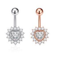 Stainless Steel Belly Ring, 304 Stainless Steel, with Cubic Zirconia & Brass, Heart, Galvanic plating, for woman & faceted, more colors for choice, 50-80mm, Sold By PC