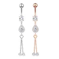 Stainless Steel Belly Ring, 304 Stainless Steel, with Cubic Zirconia & Brass, Teardrop, Galvanic plating, for woman & faceted, more colors for choice, 50-80mm, Sold By PC