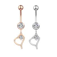 Stainless Steel Belly Ring, 304 Stainless Steel, with Cubic Zirconia & Brass, Heart, Galvanic plating, for woman & faceted & hollow, more colors for choice, 50-80mm, Sold By PC