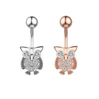 Stainless Steel Belly Ring, 304 Stainless Steel, with Cubic Zirconia & Brass, Owl, Galvanic plating, for woman & faceted, more colors for choice, 50-80mm, Sold By PC
