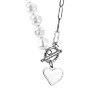 Plastik perle halskæde, 304 rustfrit stål, med White Shell & Plastic Pearl, Heart, mode smykker & for kvinde, flere farver til valg, 18x15mm, Længde Ca. 15.7 inch, Solgt af PC
