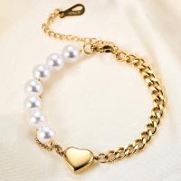 Stainless Steel Jewelry Bracelet 304 Stainless Steel with Plastic Pearl Heart Vacuum Ion Plating Twisted Piece Chain & for woman Length Approx 6.3 Inch Sold By PC