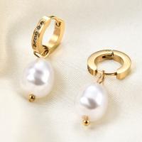 Huggie Hoop Drop Earring 304 Stainless Steel with Plastic Pearl Vacuum Ion Plating for woman & with rhinestone Sold By Pair