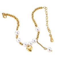 Stainless Steel Jewelry Bracelet 304 Stainless Steel with Plastic Pearl with 1.96inch extender chain Heart Vacuum Ion Plating ball chain & for woman Length Approx 6.5 Inch Sold By PC
