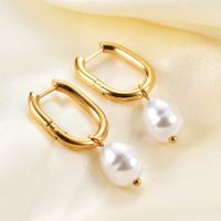 Huggie Hoop Drop Earring 304 Stainless Steel with Plastic Pearl Vacuum Ion Plating for woman & hollow Sold By Pair