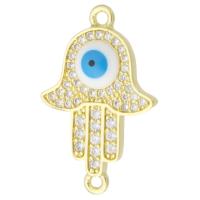 Cubic Zirconia Micro Pave Brass Connector, Hand, gold color plated, evil eye pattern & micro pave cubic zirconia & enamel, 16x25x3mm, Hole:Approx 2mm, Sold By PC