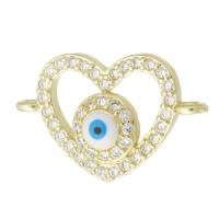 Cubic Zirconia Micro Pave Brass Connector, Heart, gold color plated, evil eye pattern & micro pave cubic zirconia & enamel & hollow, 19x12x4mm, Hole:Approx 1mm, Sold By PC