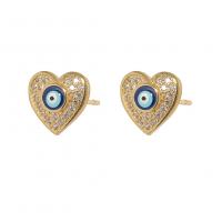Cubic Zirconia Micro Pave Brass Earring Heart gold color plated evil eye pattern & micro pave cubic zirconia & for woman & enamel Sold By Pair