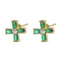 Cubic Zirconia Micro Pave Brass Earring Cross gold color plated micro pave cubic zirconia & for woman green Sold By Pair