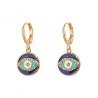 Huggie Hoop Drop Earring Brass Evil Eye gold color plated micro pave cubic zirconia & for woman & enamel blue Sold By Pair
