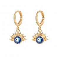 Huggie Hoop Drop Earring Brass Evil Eye gold color plated for woman & enamel blue Sold By Pair