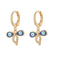 Huggie Hoop Drop Earring Brass Bowknot gold color plated evil eye pattern & micro pave cubic zirconia & for woman & enamel blue Sold By Pair