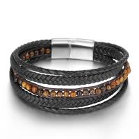 PU Leather Bracelet, with Titanium Steel & Tiger Eye, stoving varnish, fashion jewelry & multilayer & Unisex, 30x15mm, Length:Approx 8.46 Inch, Sold By PC