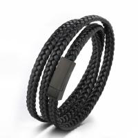 PU Leather Cord Bracelets with 304 Stainless Steel stoving varnish three layers & fashion jewelry & for man black 20mm Length Approx 22.83 Inch Sold By PC