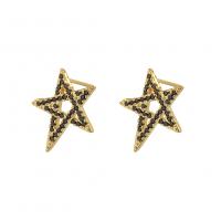 Boucles d'oreilles en laiton zircon cubique pavent, étoile, Placage de couleur d'or, pavé de micro zircon & pour femme & creux, noire, 13x16mm, Vendu par paire