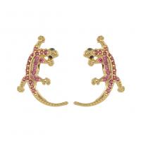 Boucles d'oreilles en laiton zircon cubique pavent, gecko, Placage de couleur d'or, pavé de micro zircon & pour femme, rose, 13.50x15.50mm, Vendu par paire