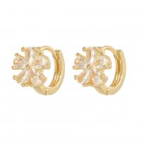 Brass Huggie Hoop Earring Flower gold color plated micro pave cubic zirconia & for woman Sold By Pair