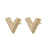 Cubic Zirconia Micro Pave Brass Earring, Letter V, gold color plated, micro pave cubic zirconia & for woman, 12x6.50mm, Sold By Pair