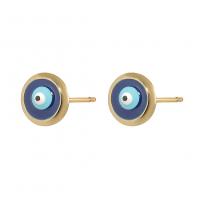 Mal Brincos Eye, cobre, Mau-olhado, cromado de cor dourada, para mulher & esmalte, azul, 8.50x8.50mm, vendido por par
