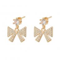 Brass Drop Earring Bowknot gold color plated micro pave cubic zirconia & for woman Sold By Pair