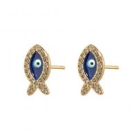 Cubic Zirconia Micro Pave Brass Earring Fish gold color plated evil eye pattern & micro pave cubic zirconia & for woman & enamel blue Sold By Pair