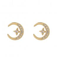 Cubic Zirconia Micro Pave Brass Earring Moon and Star gold color plated micro pave cubic zirconia & for woman Sold By Pair