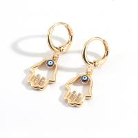 Huggie Hoop Drop Earring Brass Hand gold color plated micro pave cubic zirconia & for woman & enamel & hollow Sold By Pair