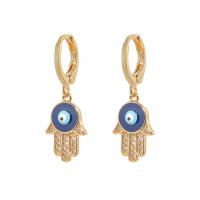 Evil Eye Earrings Brass Evil Eye Hamsa gold color plated micro pave cubic zirconia & for woman & enamel blue Sold By Pair
