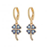 Huggie Hoop Drop Earring Brass Four Leaf Clover gold color plated evil eye pattern & micro pave cubic zirconia & for woman & enamel blue Sold By Pair