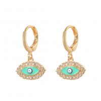 Huggie Hoop Drop Earring Brass Eye gold color plated micro pave cubic zirconia & for woman & enamel green Sold By Pair