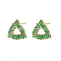 Cubic Zirconia Micro Pave Brass Earring, Triangle, gold color plated, micro pave cubic zirconia & for woman & hollow, green, 14x14mm, Sold By Pair