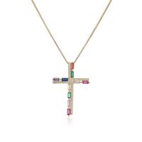 Cubic Zircon Micro Pave Brass Necklace, Cross, gold color plated, micro pave cubic zirconia & for woman, multi-colored, 24x45mm, Length:Approx 17.7 Inch, Sold By PC