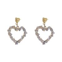 Rhinestone Earring Zinc Alloy Heart gold color plated Korean style & for woman & with rhinestone & hollow Sold By Pair