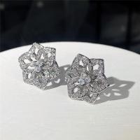 Brass Stud Earring Flower platinum plated micro pave cubic zirconia & for woman & hollow nickel lead & cadmium free 16mm Sold By Pair