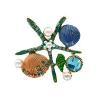 Tibetan Style Brooches, with Crystal & Plastic Pearl, Starfish, gold color plated, Korean style & enamel, more colors for choice, nickel, lead & cadmium free, 57x55mm, Sold By PC
