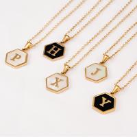 Stainless Steel Jewelry Necklace, 304 Stainless Steel, with Black Shell & White Shell, Hexagon, 18K gold plated, different designs for choice & for woman, golden, 16mm, Length:Approx 18 Inch, Sold By PC