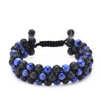 Gemstone Woven Ball Bracelets, Lava, with Knot Cord & Lapis Lazuli, three layers & Unisex & radiation protection, 18mm, Length:Approx 7.5-11.8 Inch, Sold By PC