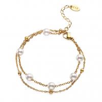 Titanium Steel Bracelet with Plastic Pearl Flat Round Vacuum Plating Adjustable & fashion jewelry & for woman Sold By PC