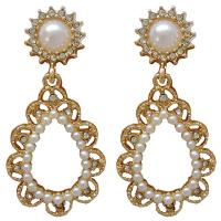 Brass Drop Earring, with Plastic Pearl, Teardrop, 14K gold plated, micro pave cubic zirconia & for woman & hollow, 16x36mm, Sold By PC