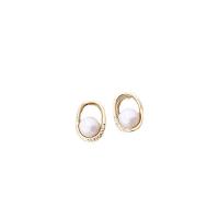 Brass Stud Earring, with Plastic Pearl, 14K gold plated, for woman & hollow, 9.50x13mm, Sold By PC
