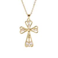 Cubic Zircon Micro Pave Brass Necklace, Cross, gold color plated, Unisex & micro pave cubic zirconia, gold, 21x34mm, Length:Approx 17.7 Inch, Sold By PC