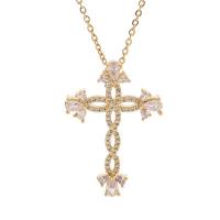 Cubic Zircon Micro Pave Brass Necklace, Cross, gold color plated, micro pave cubic zirconia & for woman, golden, 25x36mm, Length:Approx 17.7 Inch, Sold By PC