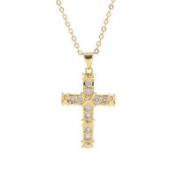 Cubic Zircon Micro Pave Brass Necklace, Cross, gold color plated, micro pave cubic zirconia & for woman, golden, 19x29mm, Length:Approx 17.7 Inch, Sold By PC