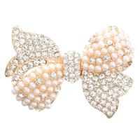 Plastic perle broche, Zinc Alloy, med Plastic Pearl, Bowknot, guldfarve belagt, for kvinde & med rhinestone, nikkel, bly & cadmium fri, 55x39mm, 10pc'er/Lot, Solgt af Lot