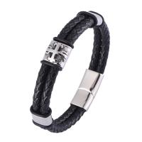 Leather Bracelet with 316 Stainless Steel Round silver color plated fashion jewelry 12mm Sold By PC