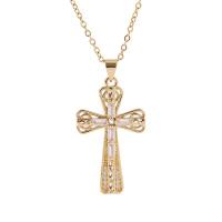 Cubic Zircon Micro Pave Brass Necklace, Cross, gold color plated, micro pave cubic zirconia & for woman & hollow, gold, 19x33mm, Length:Approx 17.7 Inch, Sold By PC