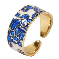Brass Cuff Finger Ring gold color plated Adjustable & for woman & enamel blue 18mm Sold By PC