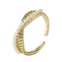 Cubic Zirconia Micro Pave Brass Ring with Plastic Pearl gold color plated Adjustable & micro pave cubic zirconia & for woman gold 17mm Sold By PC