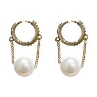 Huggie Hoop Drop Ohrringe, Messing, mit Kunststoff Perlen, goldfarben plattiert, Micro pave Zirkonia & für Frau, keine, 10x27mm, verkauft von Paar
