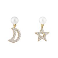 asymmetrische Ohrringe, Messing, mit Kunststoff Perlen, Mond und Sterne, plattiert, Micro pave Zirkonia & für Frau & hohl, keine, 16mm, verkauft von Paar